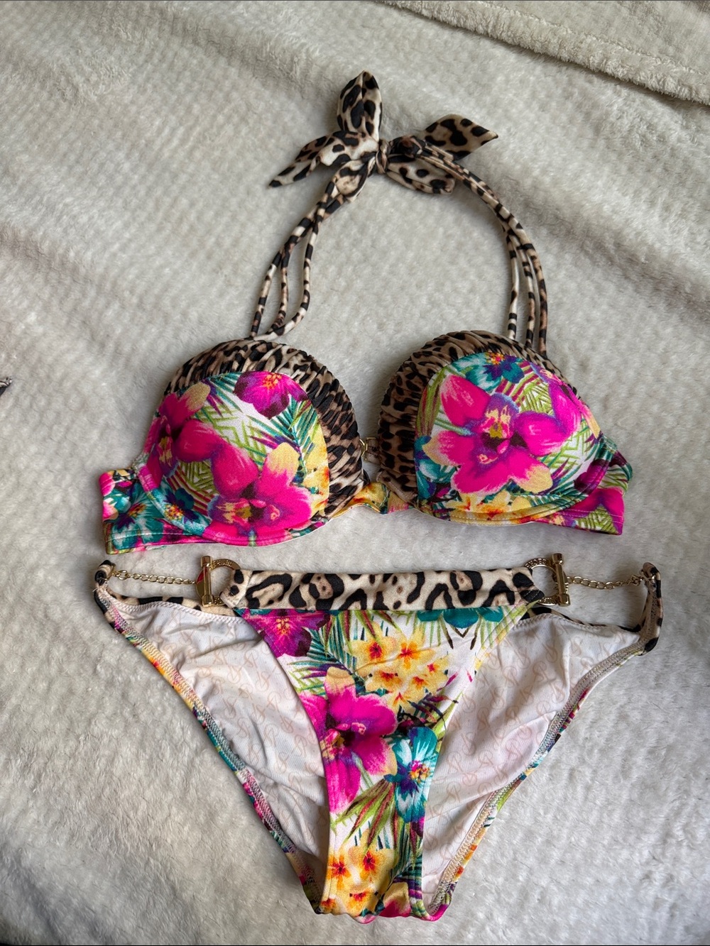 Victoria’s Sec Tropical Floral & Leopard Print Bikini Set - Pink, Green, Yellow